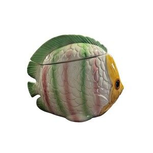 Vintage Ceramic Fish Cookie Jar Yellow Pink Green Blue Montgomery Ward 1970/80s